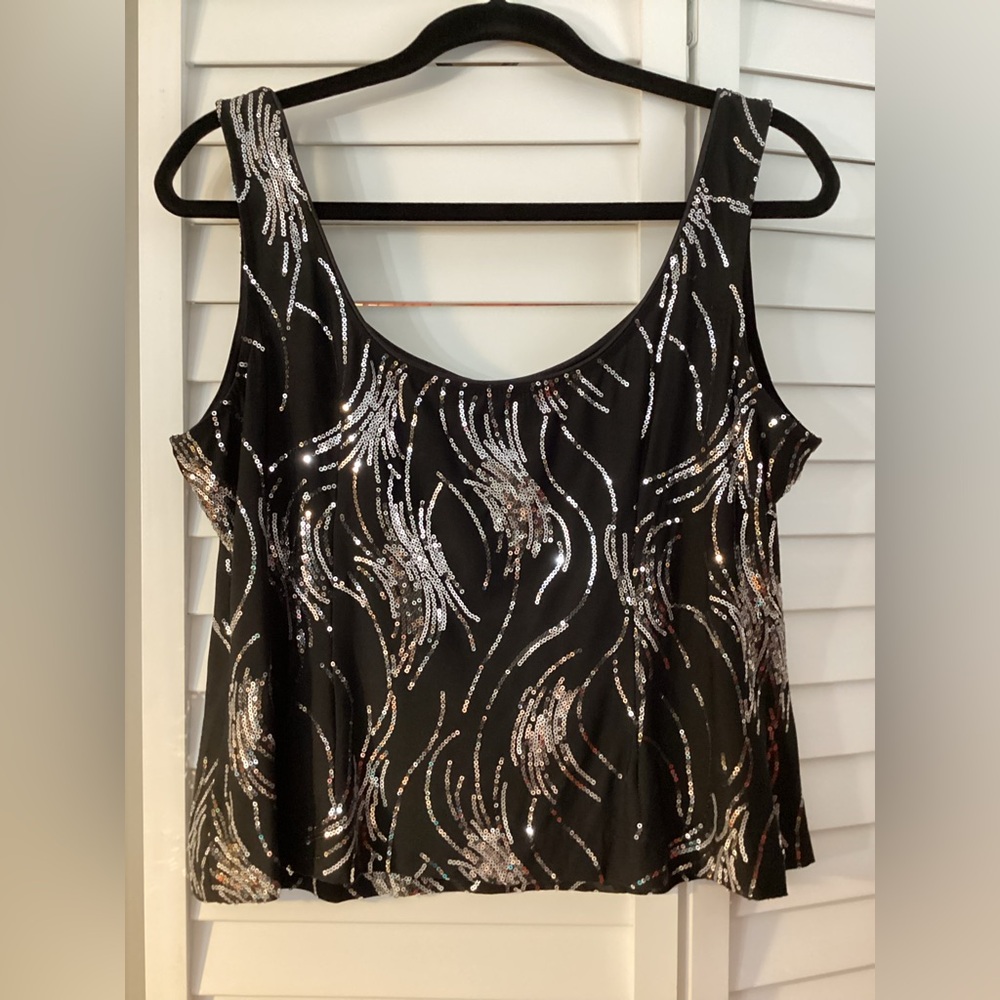 Alex Evenings Black Sequined Evening Jacket & Tank Top w Silver Wave Accents XL - Picture 4 of 12